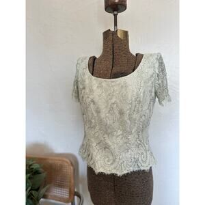 Women’s Medium Blouse Blue Beadwork Floral Lace Zip Up Vintage Blouse